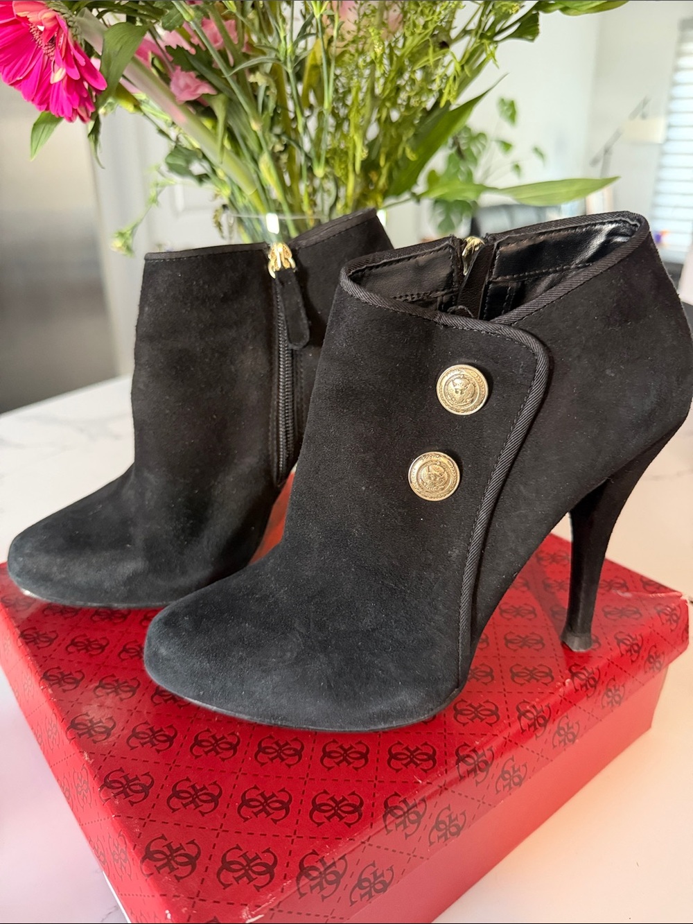 Guess Black Suede High-Heel Ankle Booties with Gold Buttons
